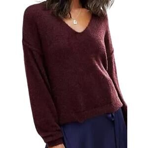 Free People Princess V Neck Sweater Drop Sleeves Relaxed Pullover Wine Red XS